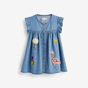 Blue Denim Dinosaur Frill Sleeve Cotton Dress (3mths-6yrs)