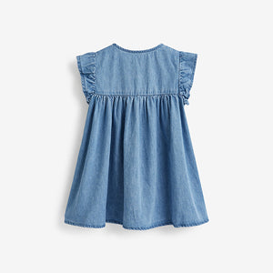 Blue Denim Dinosaur Frill Sleeve Cotton Dress (3mths-6yrs)