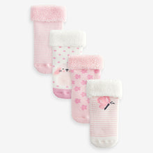 Load image into Gallery viewer, Pink Towelling Character Socks 4 Pack (0mths-2yrs)
