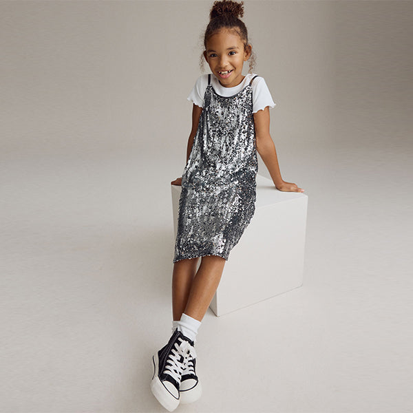 Silver Sequin Slip Dress and T-Shirt Set (3-12yrs)