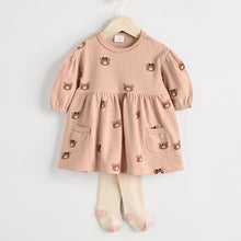 Load image into Gallery viewer, Caramel Brown/Pink Bear Print Baby Jersey Dress With Tights (0mths-18mths)
