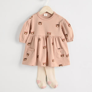 Caramel Brown/Pink Bear Print Baby Jersey Dress With Tights (0mths-18mths)