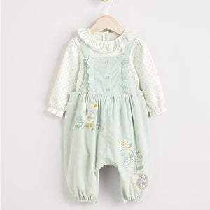Sage Green Character Baby Corduroy 100% Cotton Dungarees and Long Sleeve Bodysuit Set (0mths-18mths)