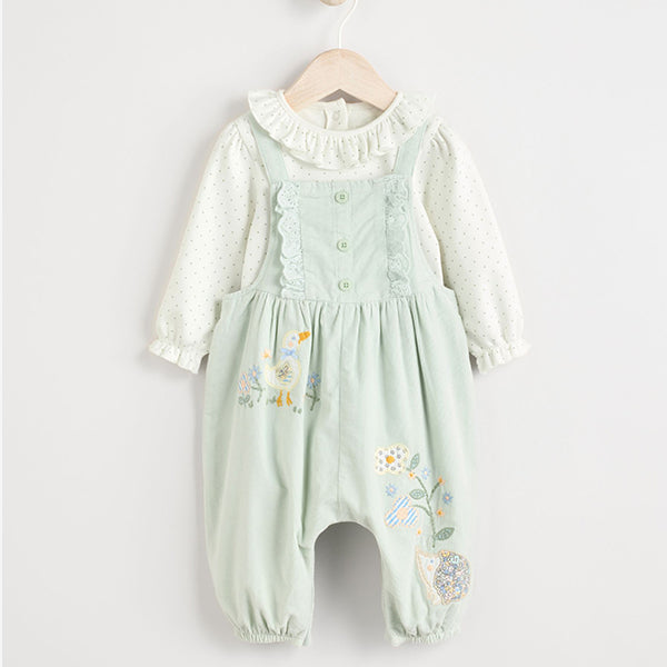 Sage Green Character Baby Corduroy 100% Cotton Dungarees and Long Sleeve Bodysuit Set (0mths-18mths)