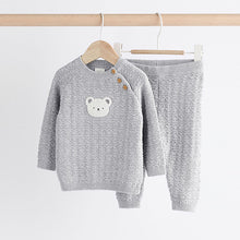 Load image into Gallery viewer, Grey Bear Baby Knitted 100% Cotton Top and Leggings Set (0mths-18mths)
