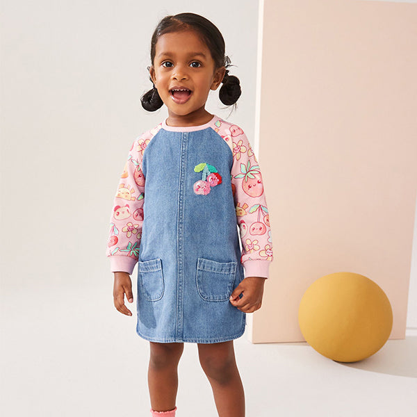 Pink Fruit Print 100% Cotton Raglan Denim Dress (6mths-6yrs)
