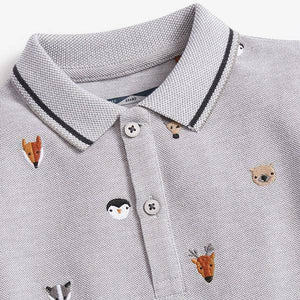 Grey Short Sleeve Pique Embroidered Animal Polo (3mths-5yrs) - Allsport