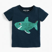 Load image into Gallery viewer, Navy Shark Short Sleeve Sequin T-Shirt (9mths-5yrs) - Allsport

