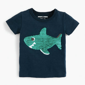 Navy Shark Short Sleeve Sequin T-Shirt (9mths-5yrs) - Allsport