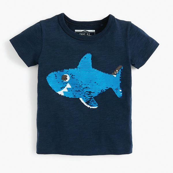 Navy Shark Short Sleeve Sequin T-Shirt (9mths-5yrs) - Allsport