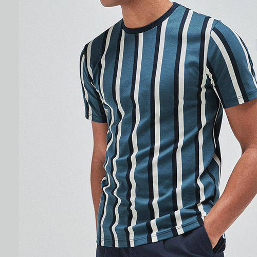 Mid Blue Vertical Stripe Slim Fit T-Shirt - Allsport