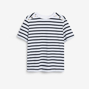 Navy/ Ecru Strioe Button Detail T-Shirt - Allsport
