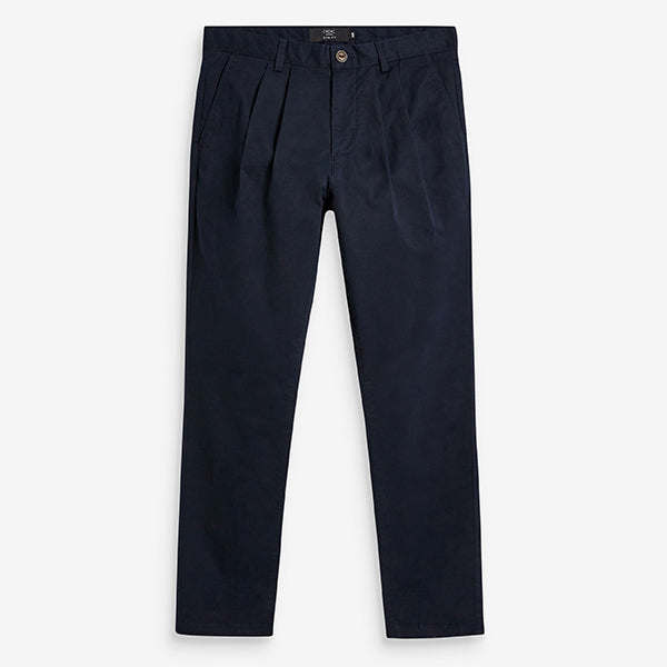 Navy Twin Pleat Relaxed Tapered Fit Stretch Chinos - Allsport