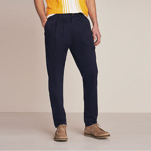 Navy Twin Pleat Relaxed Tapered Fit Stretch Chinos - Allsport