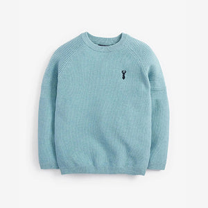 Blue with Stag Embroidery Textured Crew Jumper (3-12yrs)