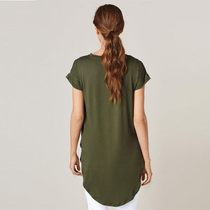 Khaki Green Floral Short Sleeve Longline Tunic - Allsport