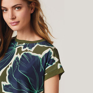 Khaki Green Floral Short Sleeve Longline Tunic - Allsport