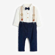 Load image into Gallery viewer, Navy/White Smart Baby 4 Piece Shirt Body, Bow Tie, Trousers And Braces Set (0mths-18mths)
