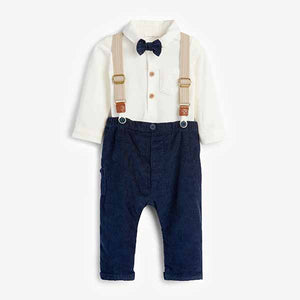 Navy/White Smart Baby 4 Piece Shirt Body, Bow Tie, Trousers And Braces Set (0mths-18mths)