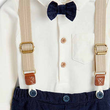 Load image into Gallery viewer, Navy/White Smart Baby 4 Piece Shirt Body, Bow Tie, Trousers And Braces Set (0mths-18mths)
