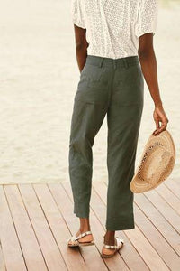 Khaki Linen Blend Crop Trousers - Allsport