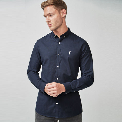 Blue Navy Slim Fit Long Sleeve Stretch Oxford Shirt - Allsport