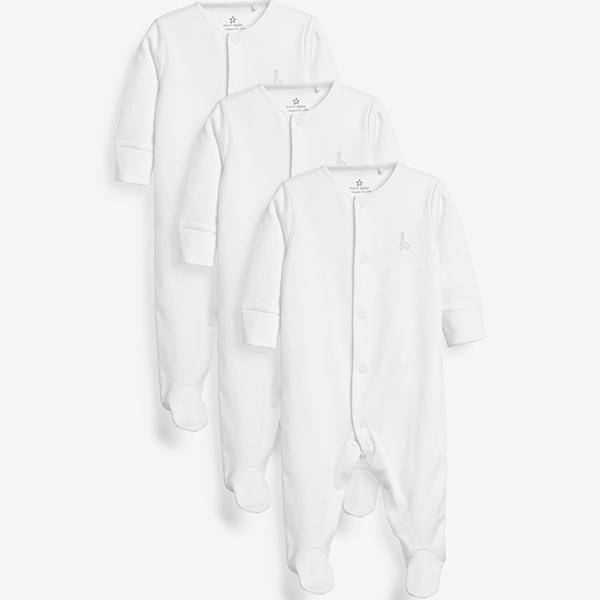 White 3 Pack Organic Cotton Sleepsuits (0-12mths) - Allsport