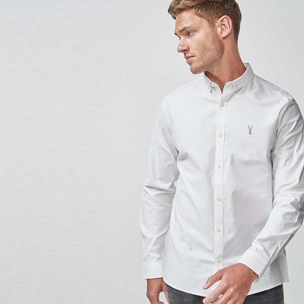 White Slim Fit Long Sleeve Stretch Oxford Shirt - Allsport