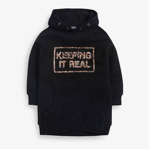 Black Sequin Slogan Longline Hoody (3-12yrs) - Allsport