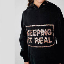 Load image into Gallery viewer, Black Sequin Slogan Longline Hoody (3-12yrs) - Allsport
