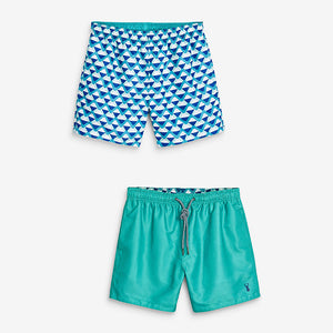 Turquoise Geo/ Plain Reversible Swim Shorts
