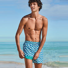 Load image into Gallery viewer, Turquoise Geo/ Plain Reversible Swim Shorts
