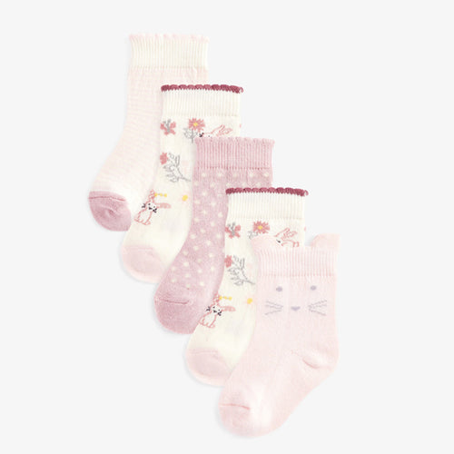 Pink/Cream 5 Pack Bunny/Floral Socks (Younger) - Allsport