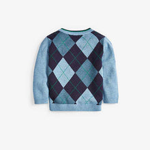 Load image into Gallery viewer, Blue Knitted Argyle Pattern Jumper (3mths-5yrs) - Allsport
