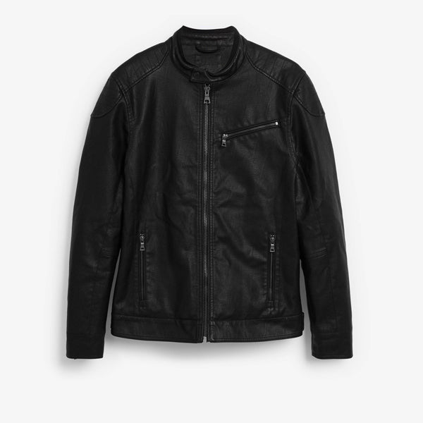 Black Faux Leather Racer Jacket - Allsport