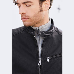 Black Faux Leather Racer Jacket - Allsport