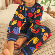 Load image into Gallery viewer, Black/Orange/Blue Smiley Face 2 Pack Cosy Fleece Pyjamas (12mths-12yrs) - Allsport
