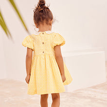 Load image into Gallery viewer, Ochre Yellow Geo Lace Collar Shirred Cotton Dress (3mths-6yrs)
