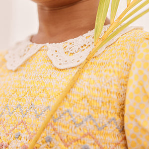 Ochre Yellow Geo Lace Collar Shirred Cotton Dress (3mths-6yrs)