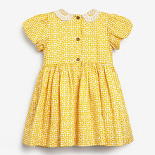 Load image into Gallery viewer, Ochre Yellow Geo Lace Collar Shirred Cotton Dress (3mths-6yrs)
