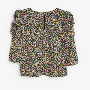 Black Floral Ruched Sleeve Blouse (3-12yrs) - Allsport