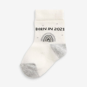 Grey/White Baby 5 Pack Cotton Rich Born In 2021 Socks (0-12mths) - Allsport