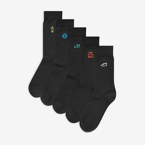 Black Football Embroidered 5 Pack Socks - Allsport
