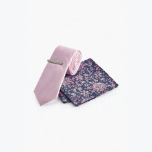 Load image into Gallery viewer, Pink/Blue Floral Slim Tie, Pocket Square And Tie Clip Set - Allsport
