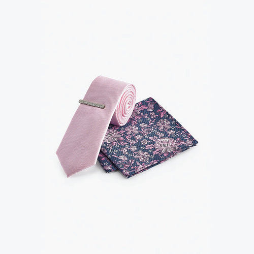 Pink/Blue Floral Slim Tie, Pocket Square And Tie Clip Set - Allsport