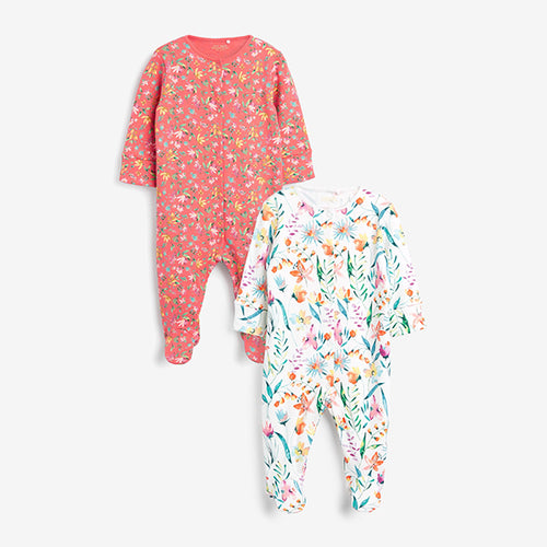 Coral Pink 2 Pack Printed Sleepsuits (0mths-18mths) - Allsport