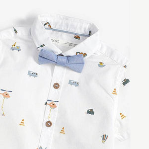 White Short Sleeve Transport Print Shirt With Bow Tie (3mths-5yrs) - Allsport