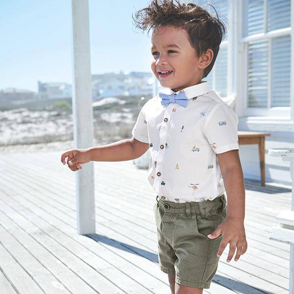 White Short Sleeve Transport Print Shirt With Bow Tie (3mths-5yrs) - Allsport