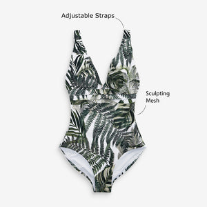 White Palm Leaf Plunge Shape Enhancing Swimsuit - Allsport