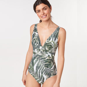 White Palm Leaf Plunge Shape Enhancing Swimsuit - Allsport